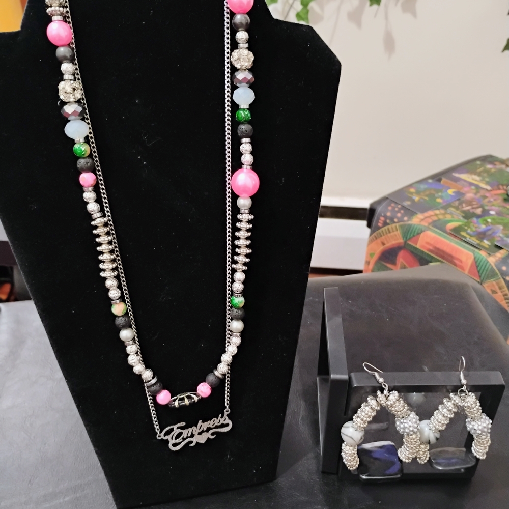 Elegant Silver and Pink Beaded Necklace and Earring Set